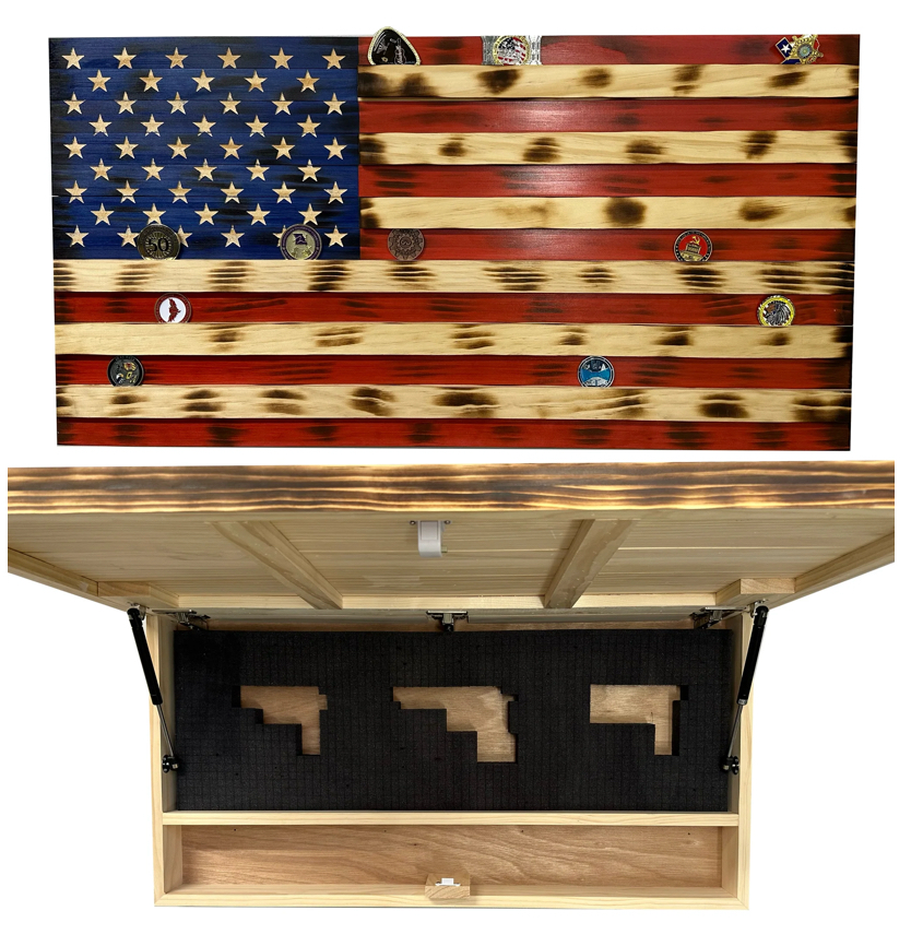 Large American Flag Challenge Coin, Cisplay and Hidden Gun Cabinet, Military Coin Holder holds 100 coins and is ready to hang, Large US Flag patriotic art-Bluelinescg Safety and Security Products and Services