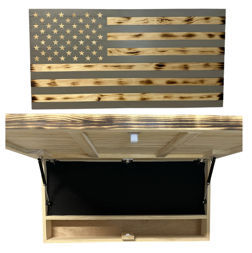 Large Classic Burnt Wood American Flag Gun Storage cabinet-Bluelinescg Safety and Security Products and Services