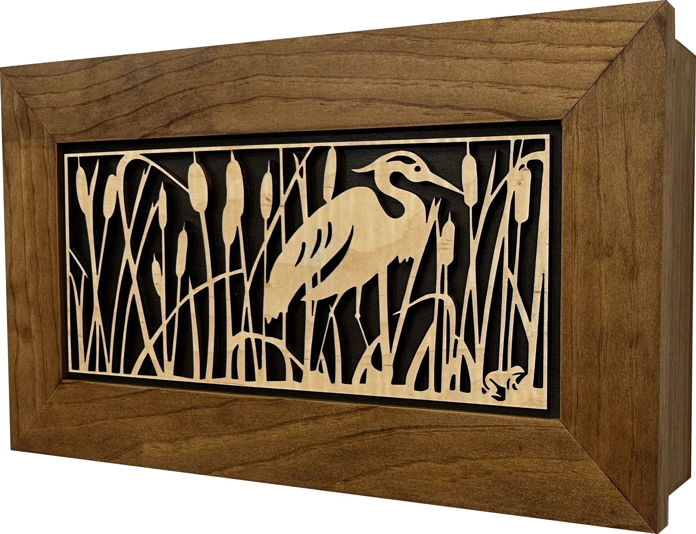Decorative Gun Safe Heron in Cattails Wall-Mounted Gun Cabinet To Securely Store Your Gun In Plain Sight-Bluelinescg Safety and Security Products and Services