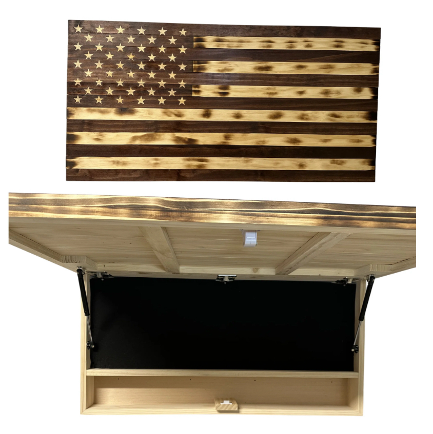 LARGE BURNT AMERICAN FLAG HIDDEN GUN STORAGE CABINET (BURNT)-Bluelinescg Safety and Security Products and Services