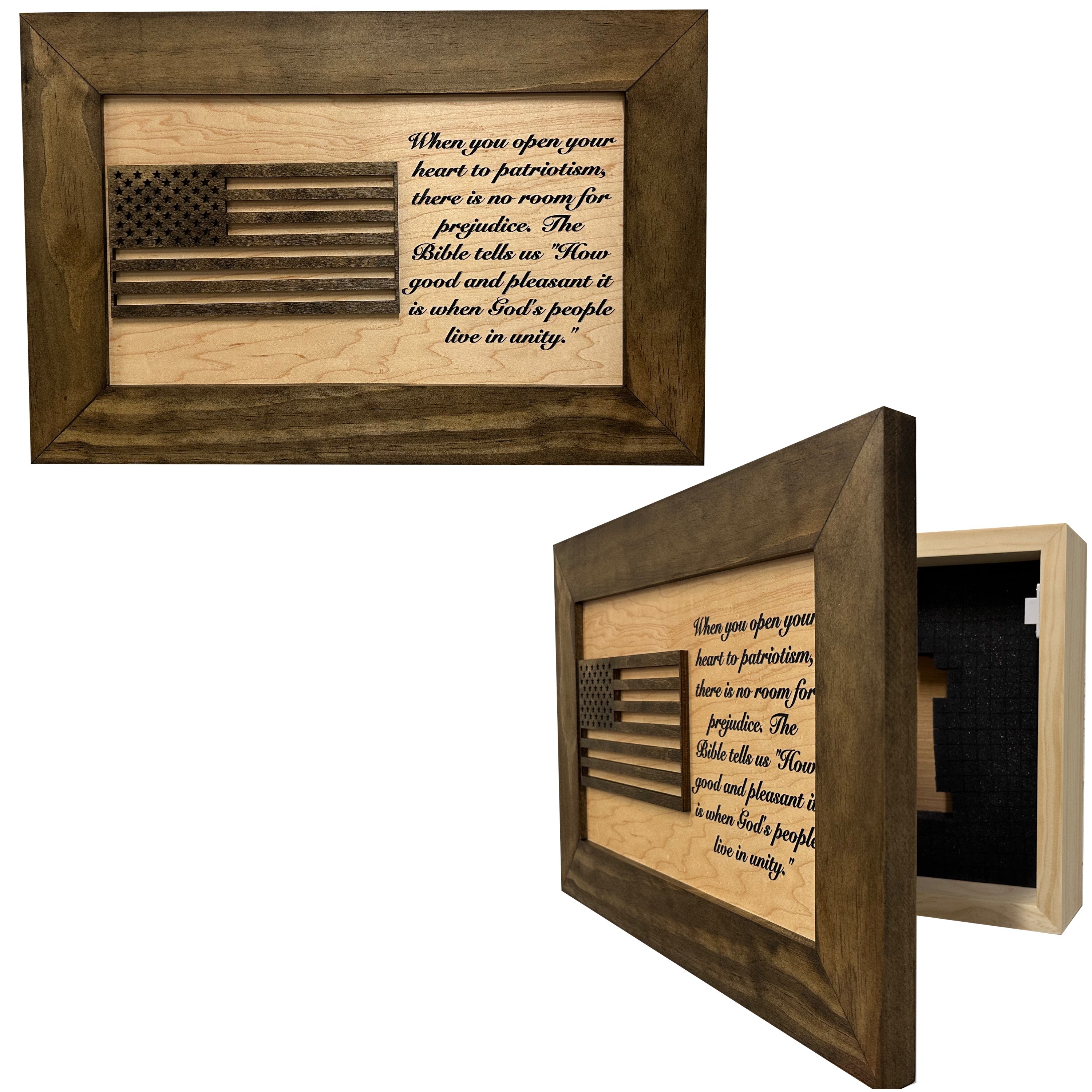 American Flag & Patriotism Decorative & Secure Wall-Mounted Gun Cabinet (Jacobean & Natural)-Bluelinescg Safety and Security Products and Services