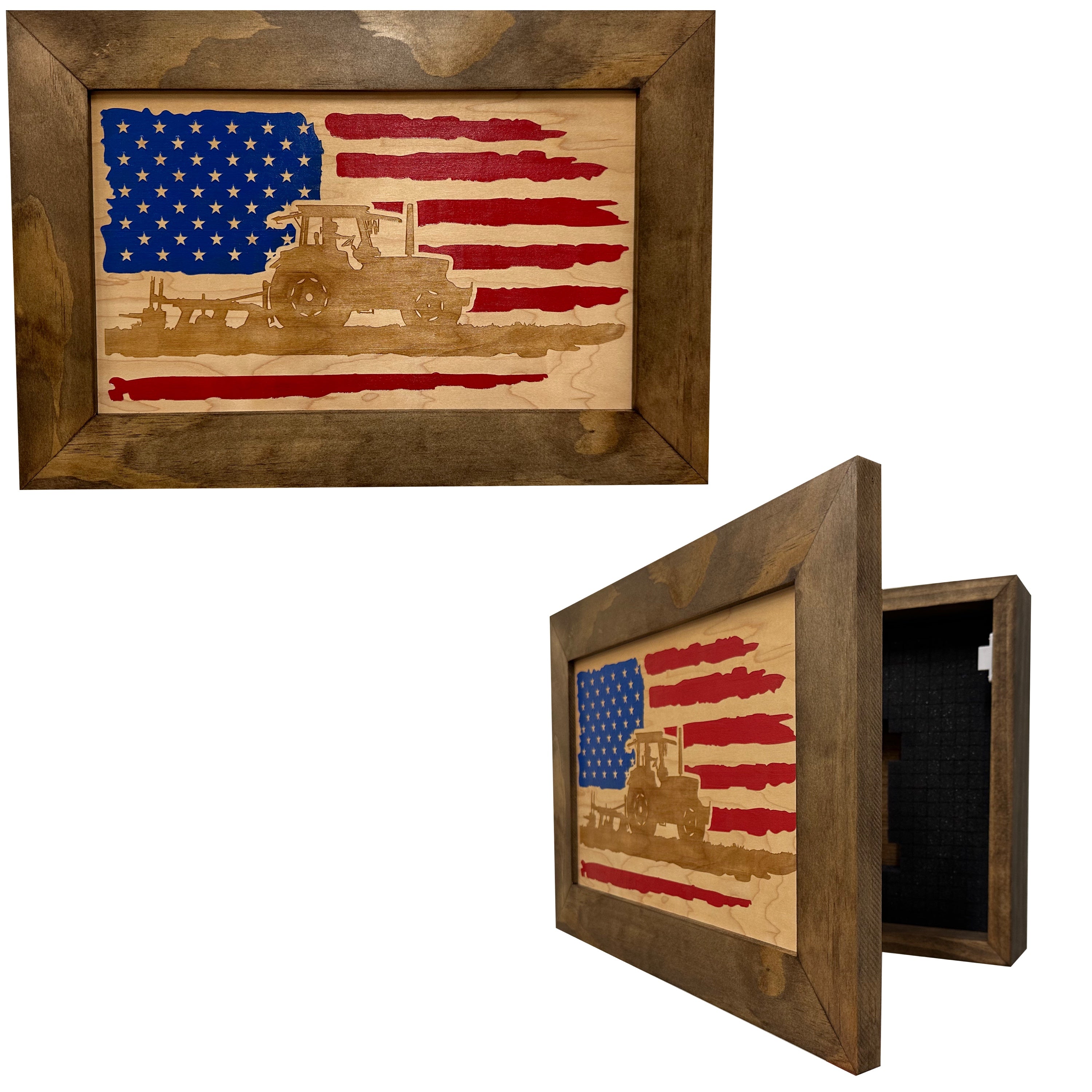 Locking Gun Cabinet Wall Mounted with American Flag and Farmer Patriotic Decorative Front-Bluelinescg Safety and Security Products and Services