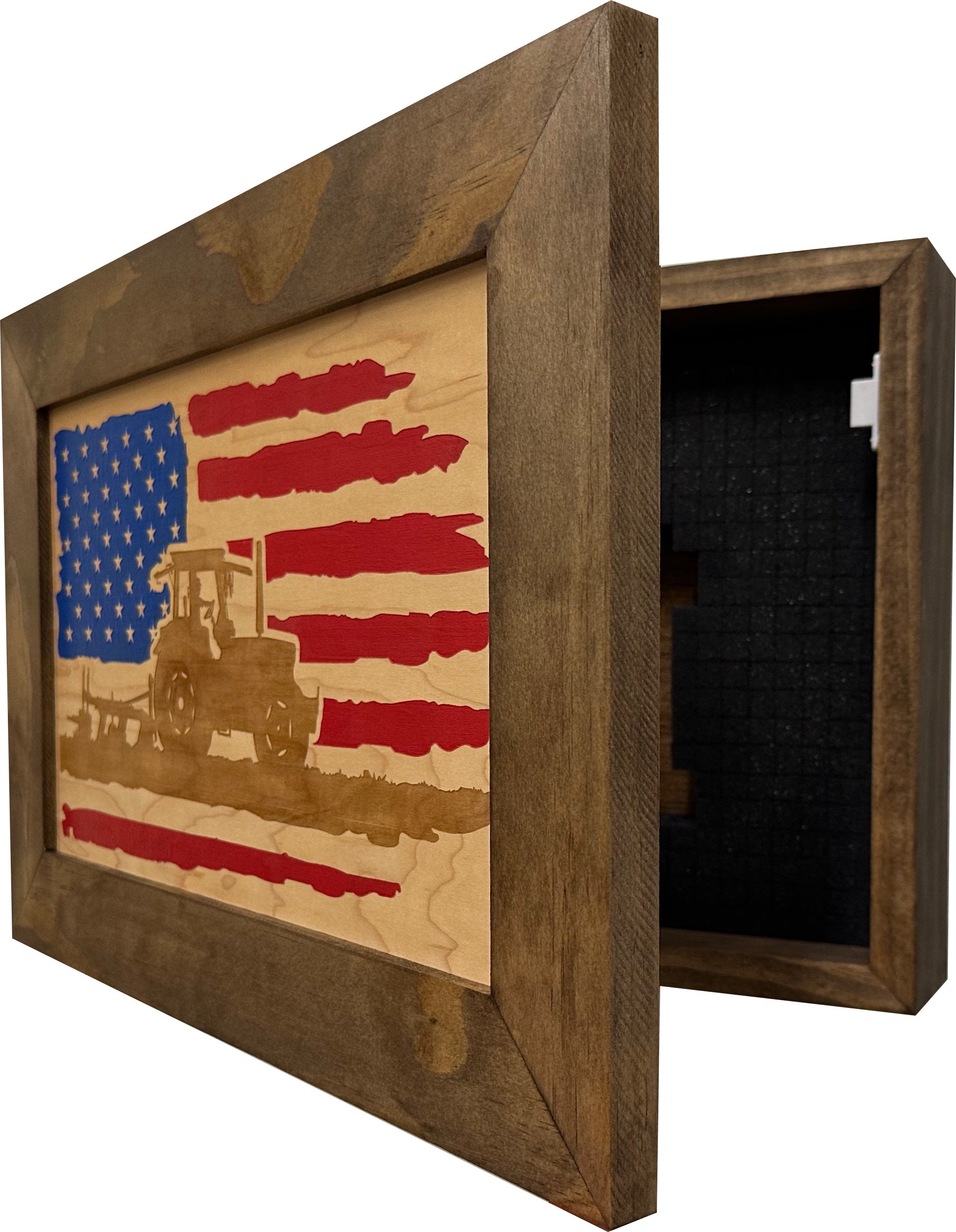 Locking Gun Cabinet Wall Mounted with American Flag and Farmer Patriotic Decorative Front-Bluelinescg Safety and Security Products and Services