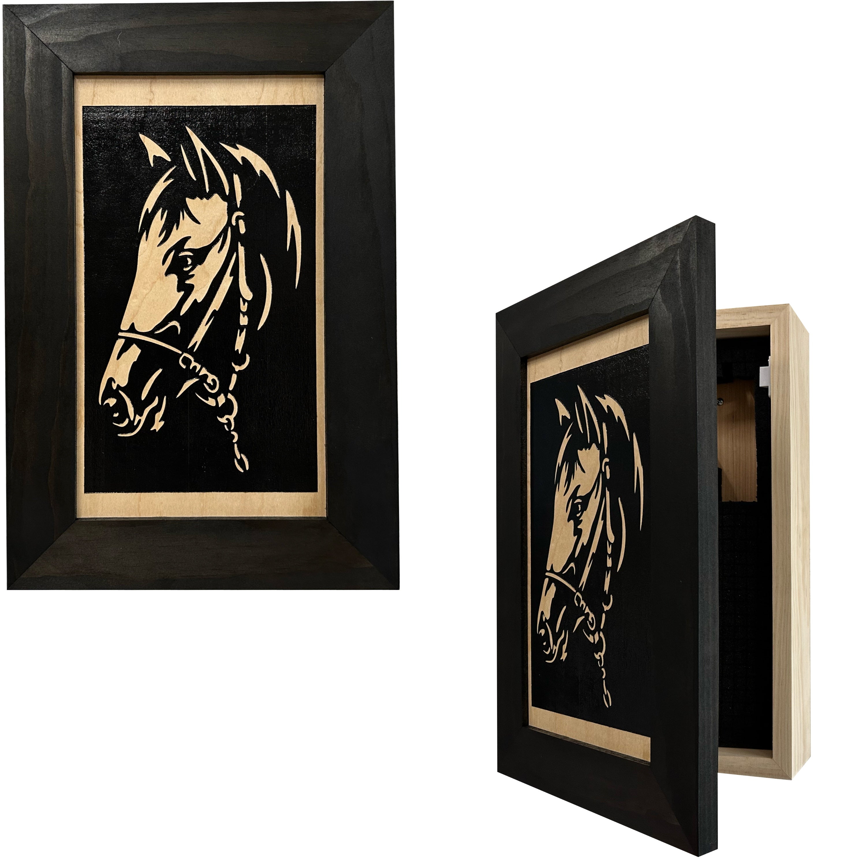 Hidden Gun Safe Black Horse Wall Art Decoration - Secure Gun Cabinet by Bellewood Designs-Bluelinescg Safety and Security Products and Services