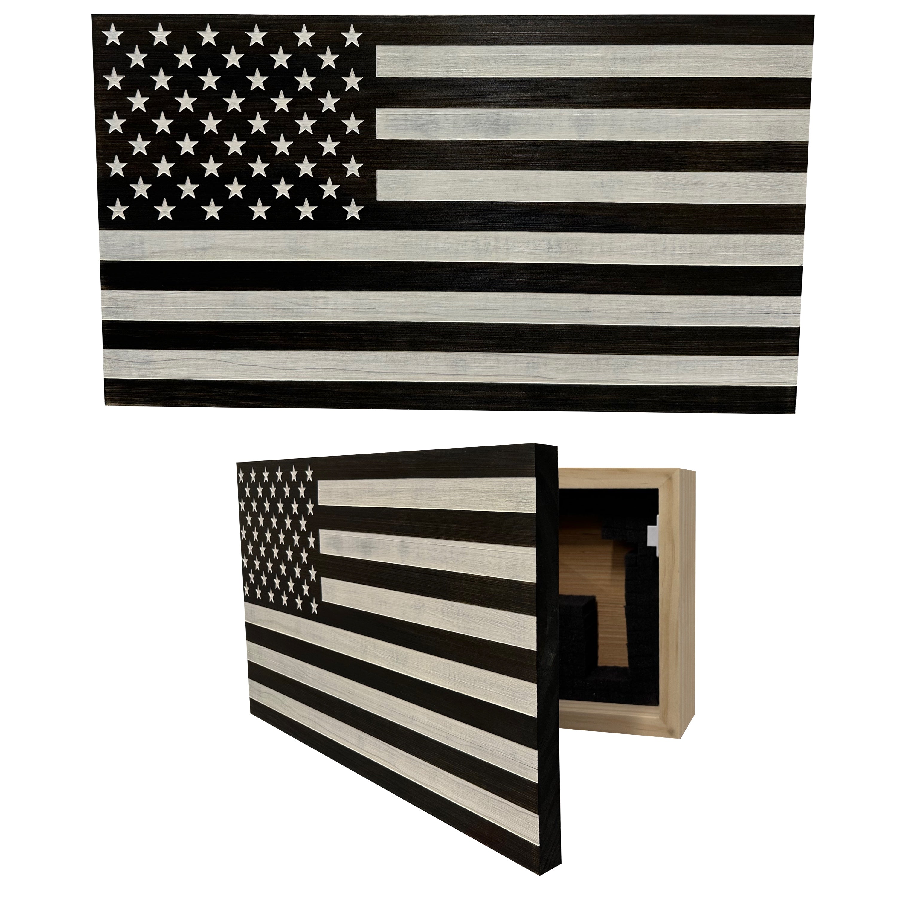 American Flag Decorative & Secure Wall-Mounted Gun Cabinet (Black & White Distressed)-Bluelinescg Safety and Security Products and Services