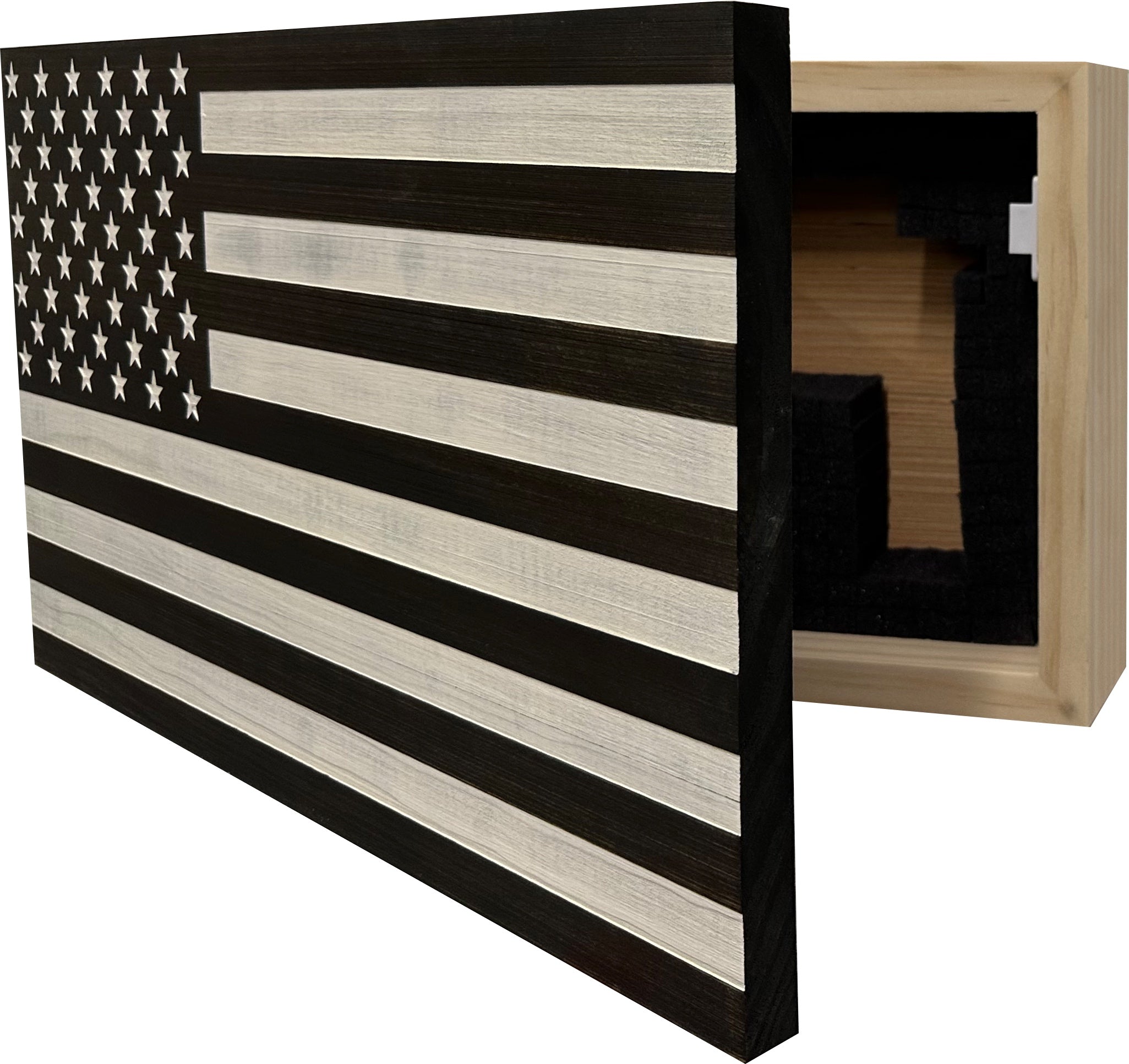 American Flag Decorative & Secure Wall-Mounted Gun Cabinet (Black & White Distressed)-Bluelinescg Safety and Security Products and Services