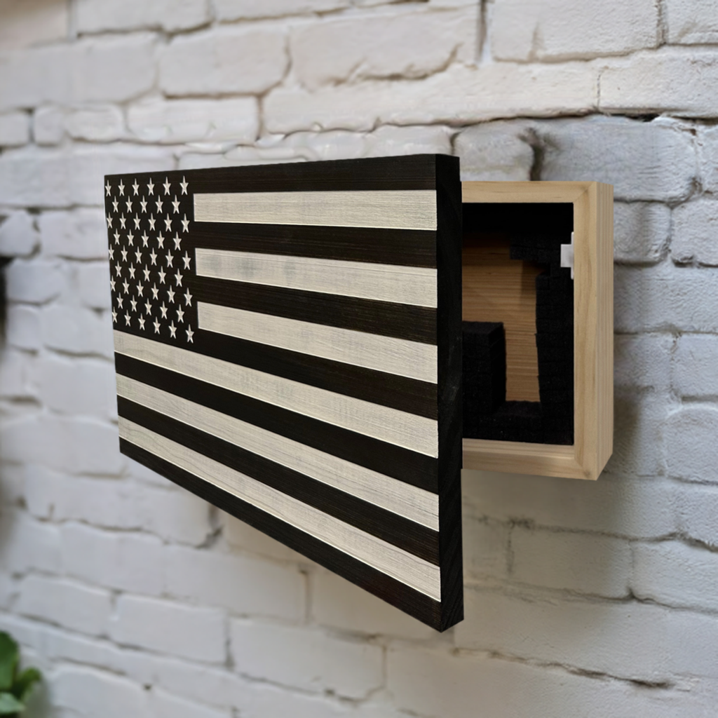 American Flag Decorative & Secure Wall-Mounted Gun Cabinet (Black & White Distressed)-Bluelinescg Safety and Security Products and Services
