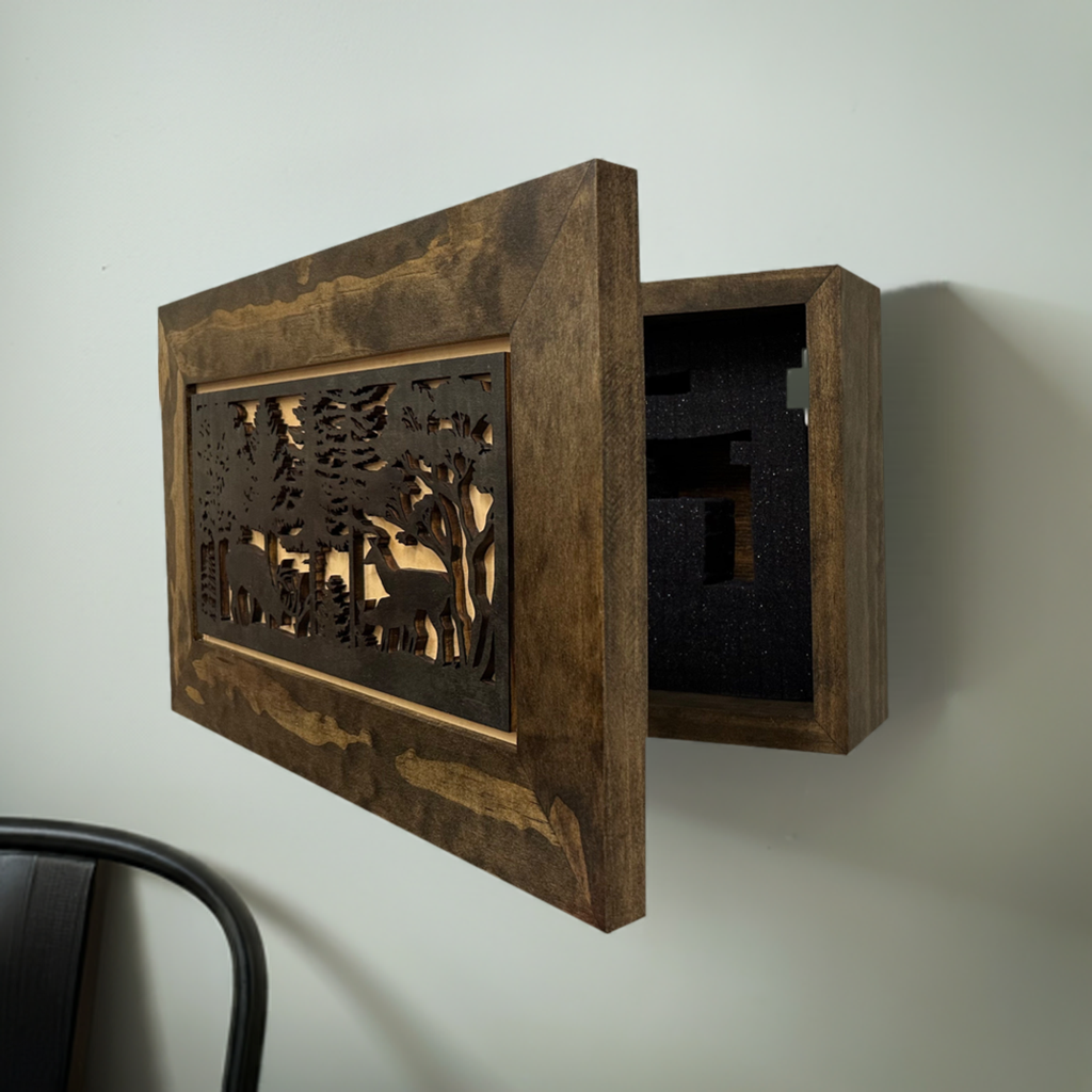 Decorative Deer Scene Wall-Mounted Secure Gun Cabinet - Gun Safe To Securely Store Your Gun & Home Self Defense Gear-Bluelinescg Safety and Security Products and Services