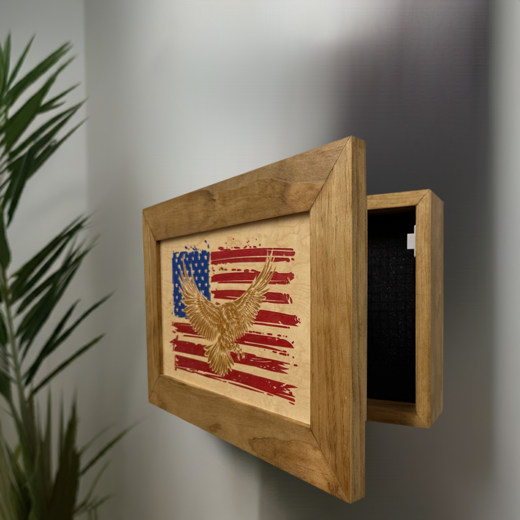 Bald Eagle & American Flag Patriotic Decorative Wall-Mounted Secure Gun Cabinet-Bluelinescg Safety and Security Products and Services