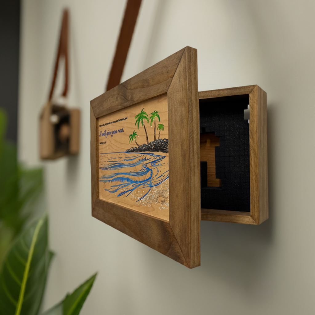 Bible Verse Decorative & Secure Wall-Mounted Gun Cabinet - Matthew 11:28 and Coastal Scene-Bluelinescg Safety and Security Products and Services