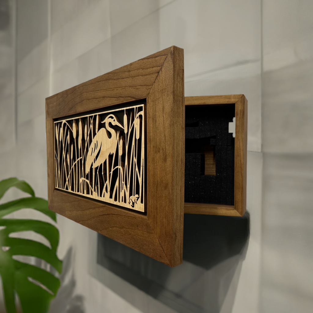 Decorative Gun Safe Heron in Cattails Wall-Mounted Gun Cabinet To Securely Store Your Gun In Plain Sight-Bluelinescg Safety and Security Products and Services