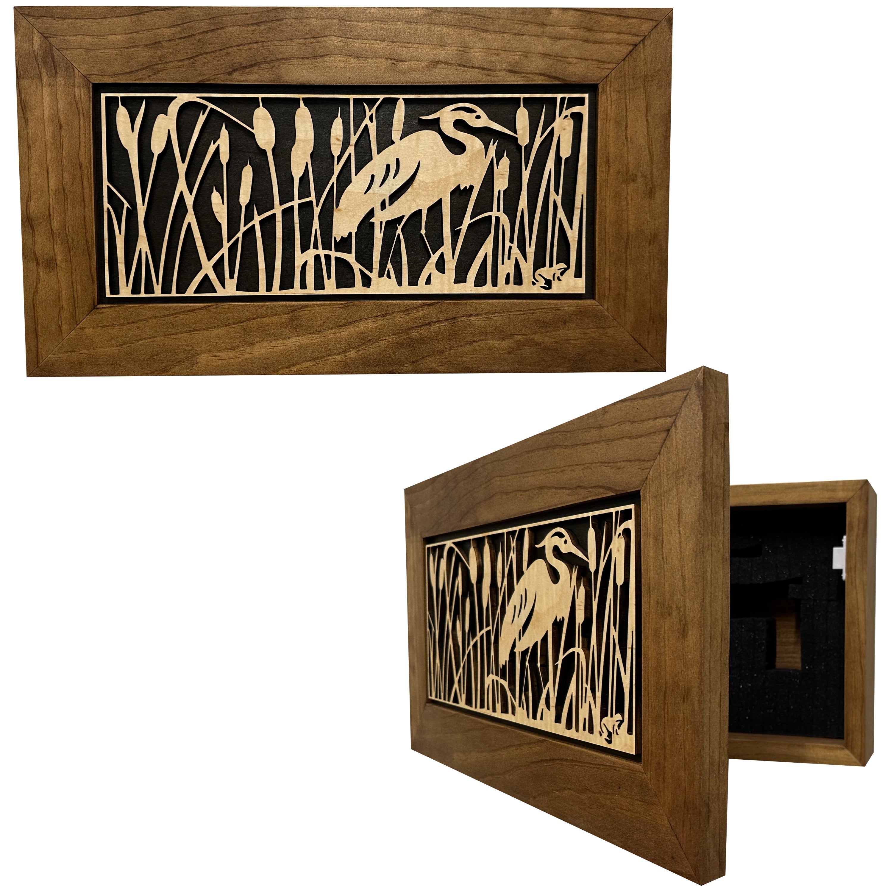 Decorative Gun Safe Heron in Cattails Wall-Mounted Gun Cabinet To Securely Store Your Gun In Plain Sight-Bluelinescg Safety and Security Products and Services