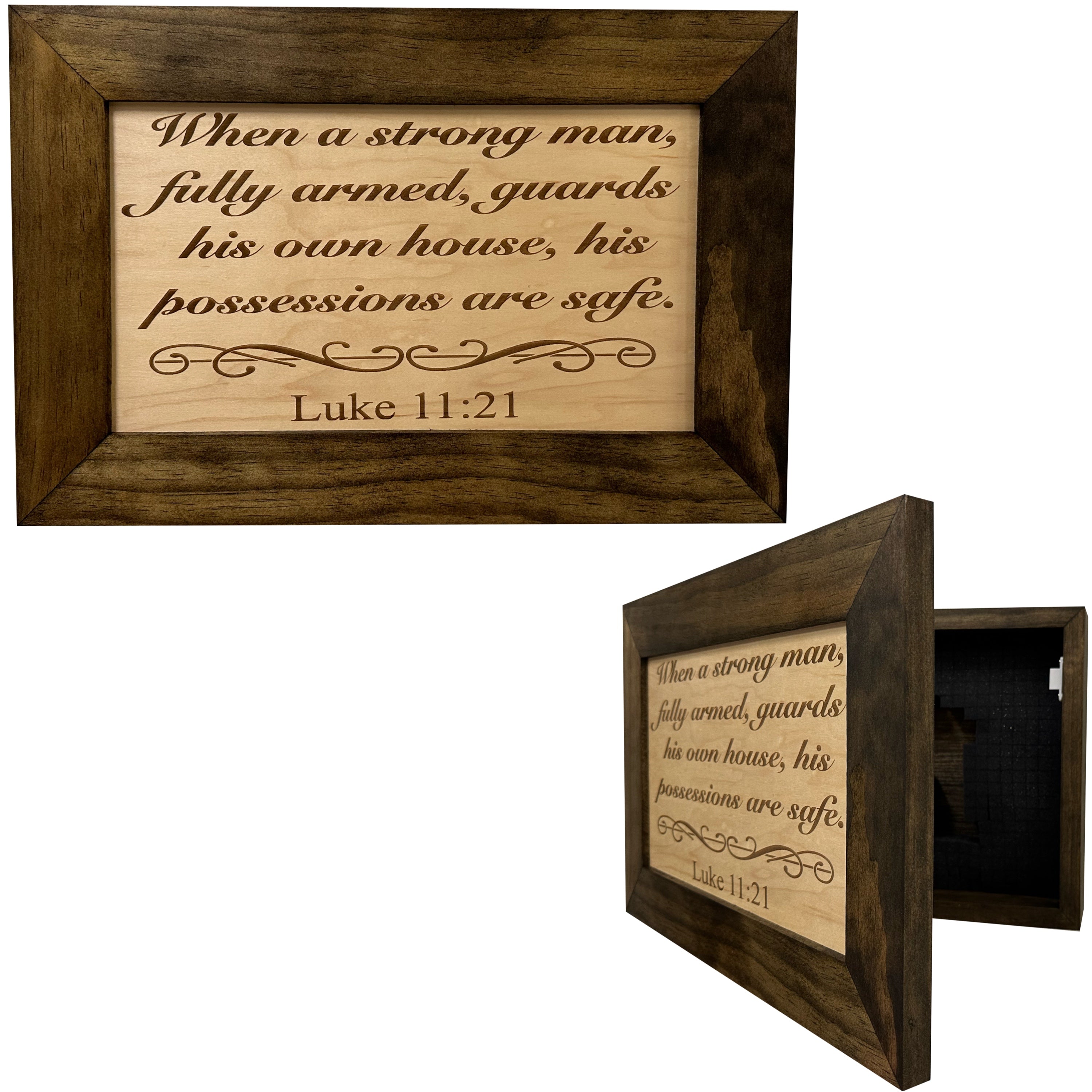 Wood Gun Cabinet Bible Verse Luke 11:21 Wall Decoration - Hidden Gun Safe To Securely Store Your Gun In Plain Sight by Bellewood Designs-Bluelinescg Safety and Security Products and Services