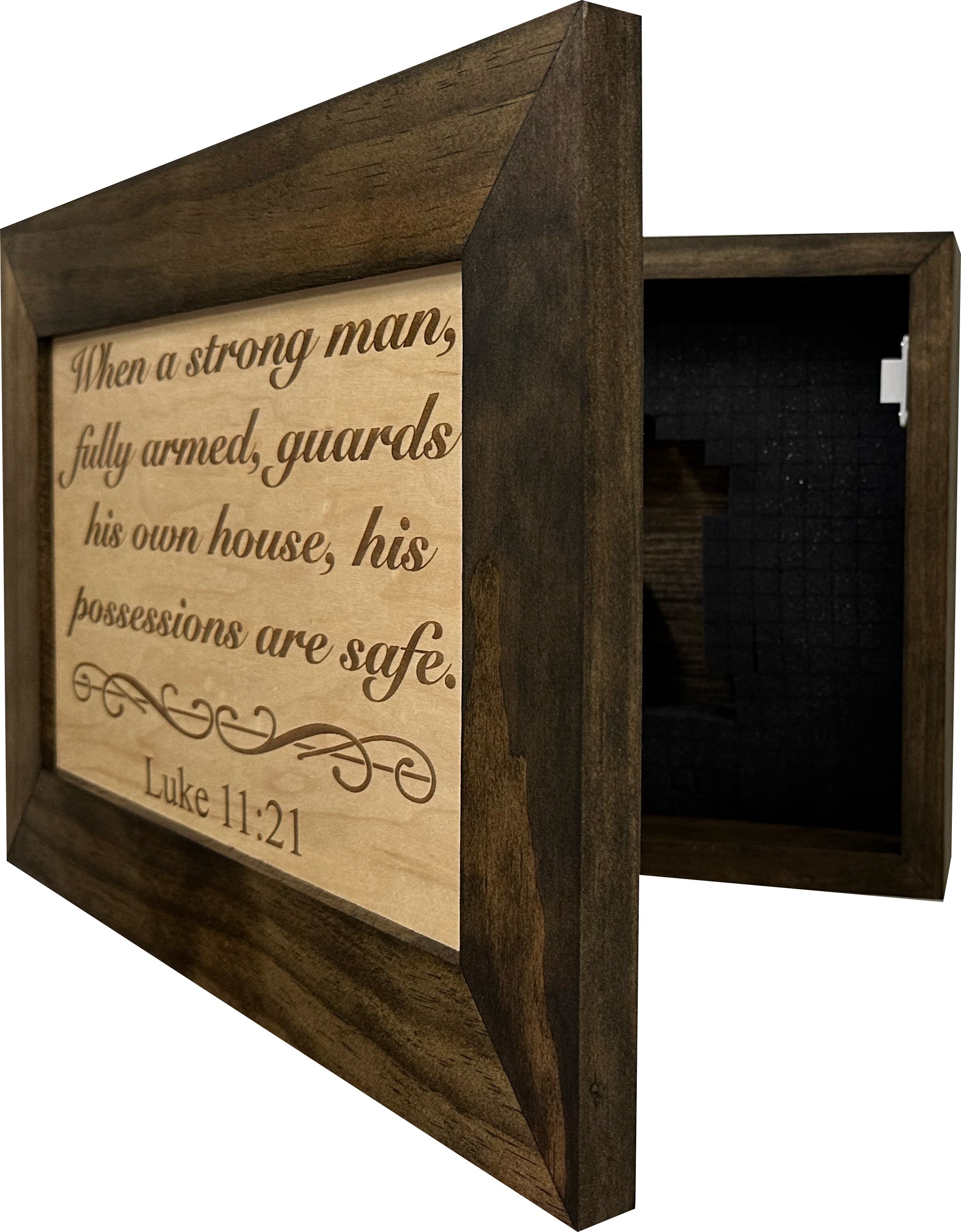 Wood Gun Cabinet Bible Verse Luke 11:21 Wall Decoration - Hidden Gun Safe To Securely Store Your Gun In Plain Sight by Bellewood Designs-Bluelinescg Safety and Security Products and Services