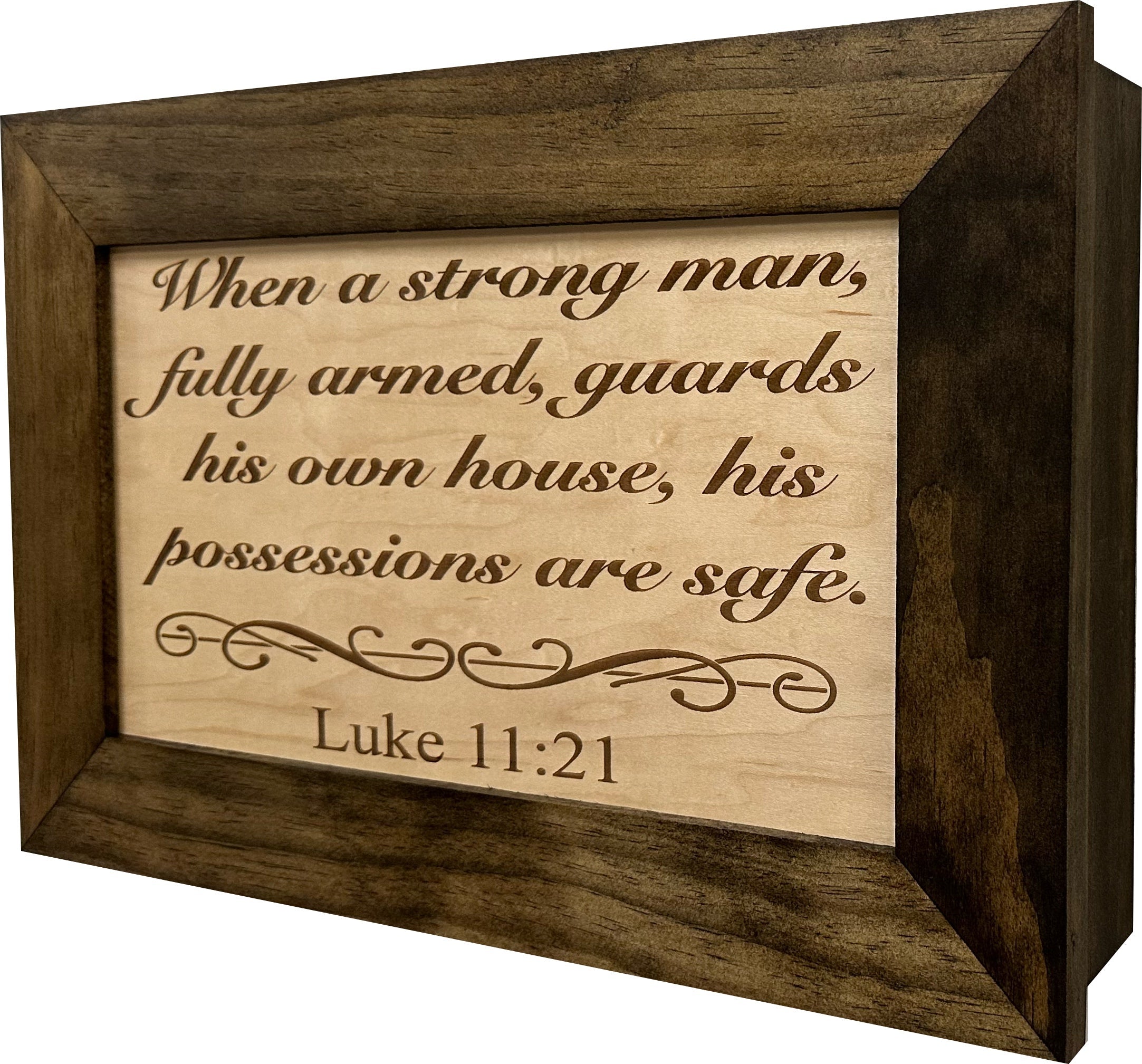 Wood Gun Cabinet Bible Verse Luke 11:21 Wall Decoration - Hidden Gun Safe To Securely Store Your Gun In Plain Sight by Bellewood Designs-Bluelinescg Safety and Security Products and Services