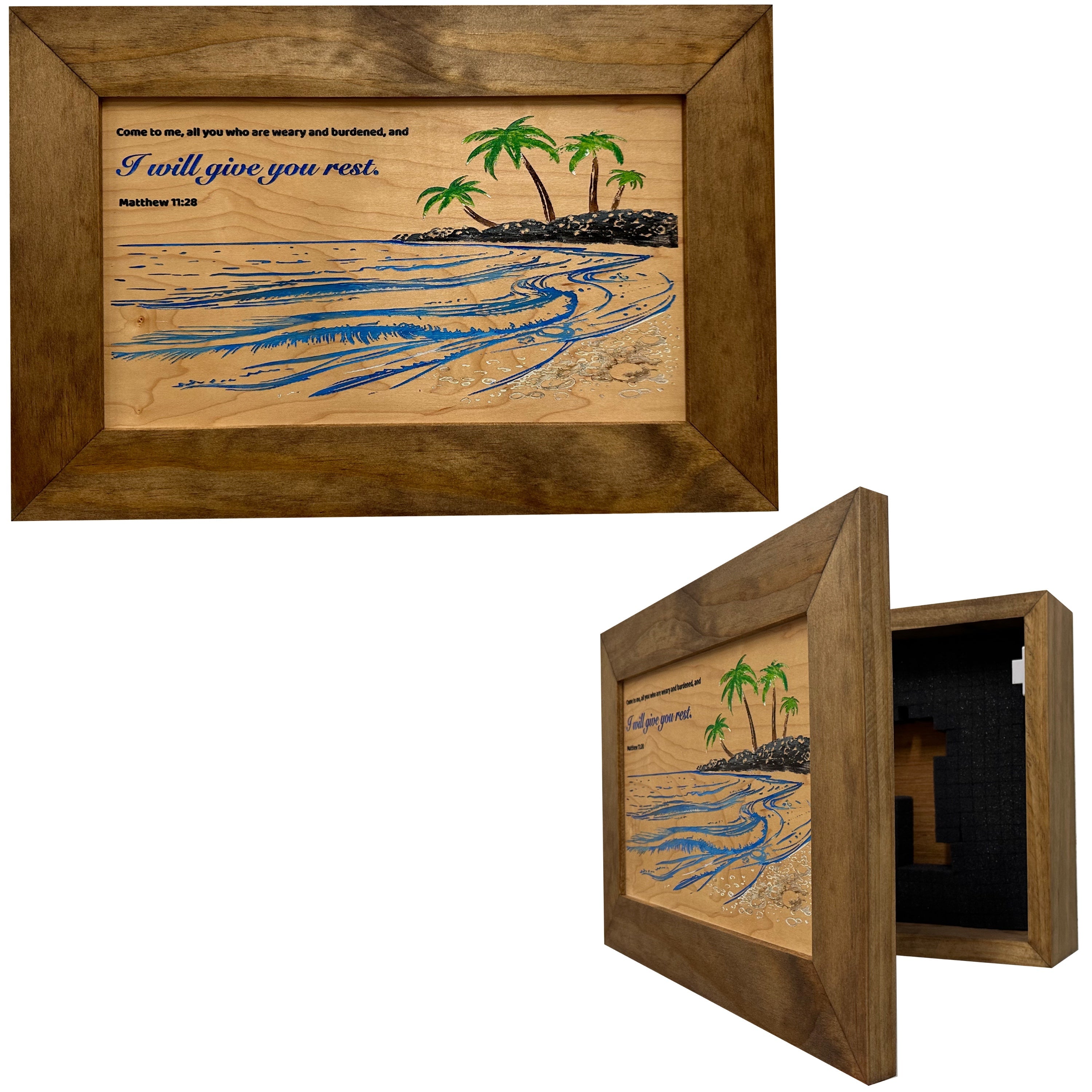 Bible Verse Decorative & Secure Wall-Mounted Gun Cabinet - Matthew 11:28 and Coastal Scene-Bluelinescg Safety and Security Products and Services