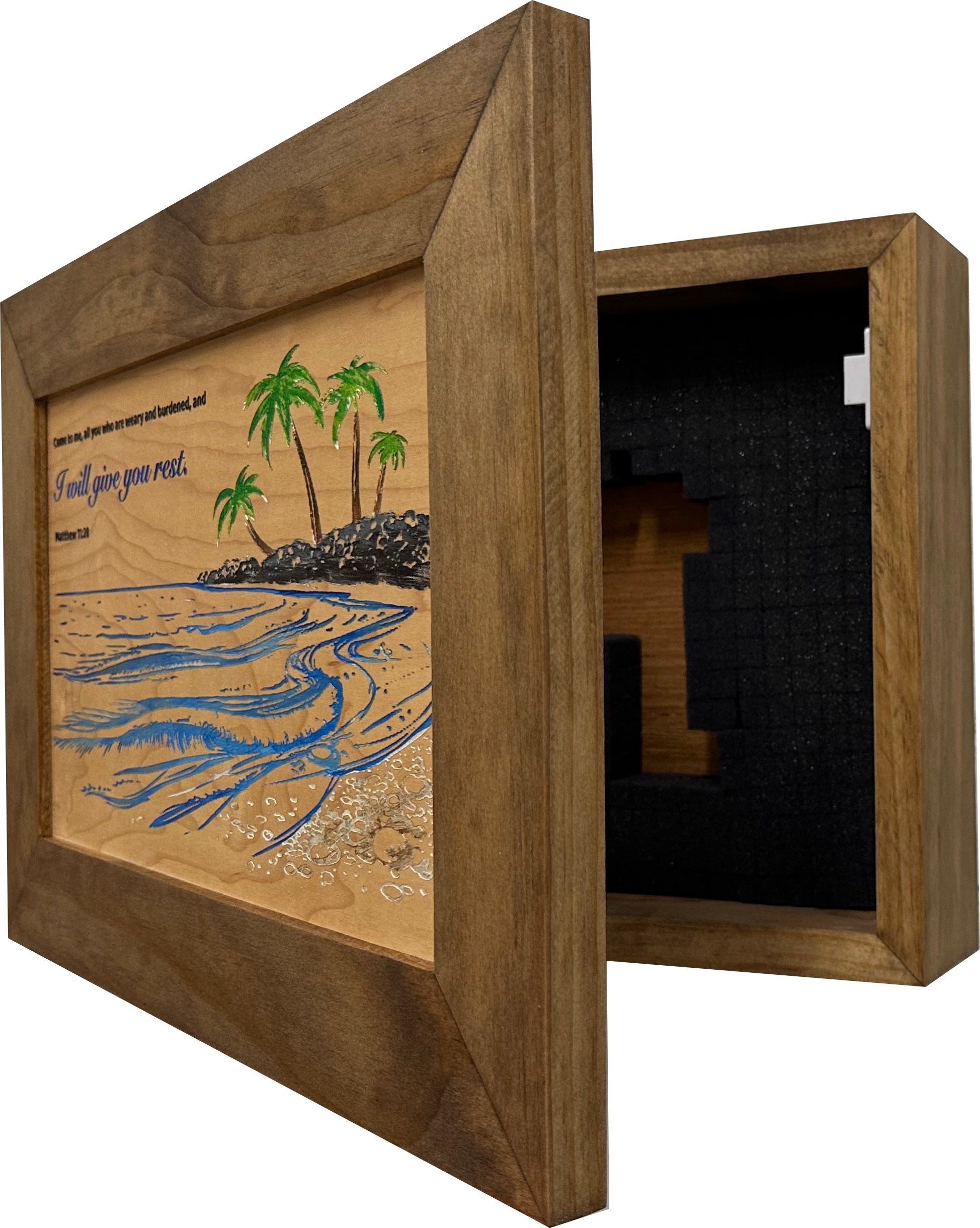 Bible Verse Decorative & Secure Wall-Mounted Gun Cabinet - Matthew 11:28 and Coastal Scene-Bluelinescg Safety and Security Products and Services